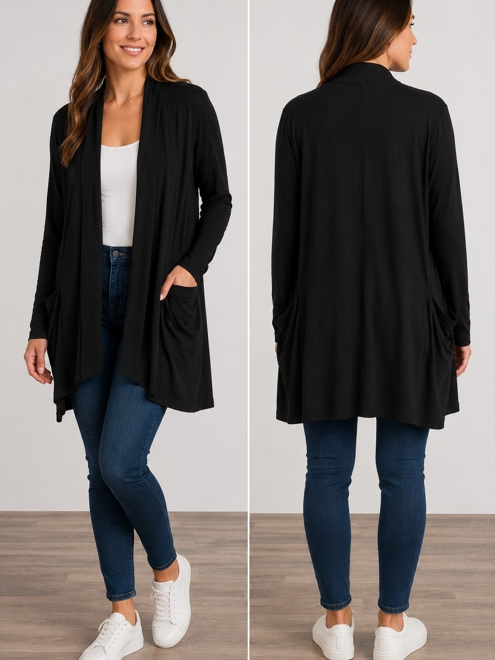 Tahari Black Open Front Cardigan Duster Long Sleeve Pocket Knit Size S